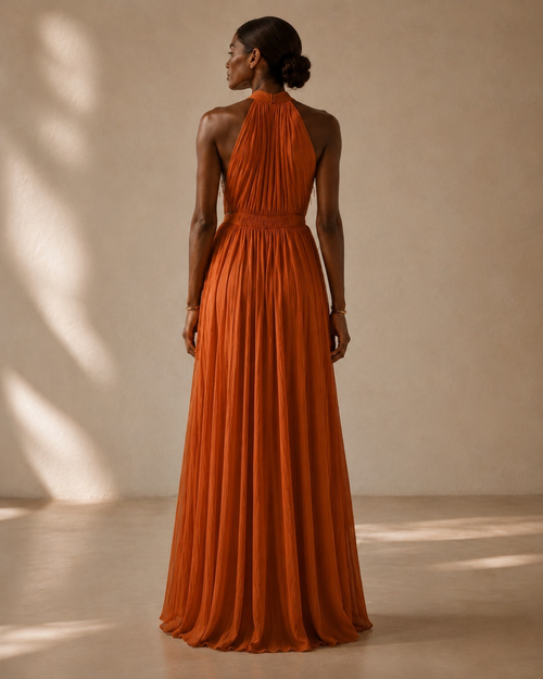 Vestido Largo - Gasa Corrugada - Escote V