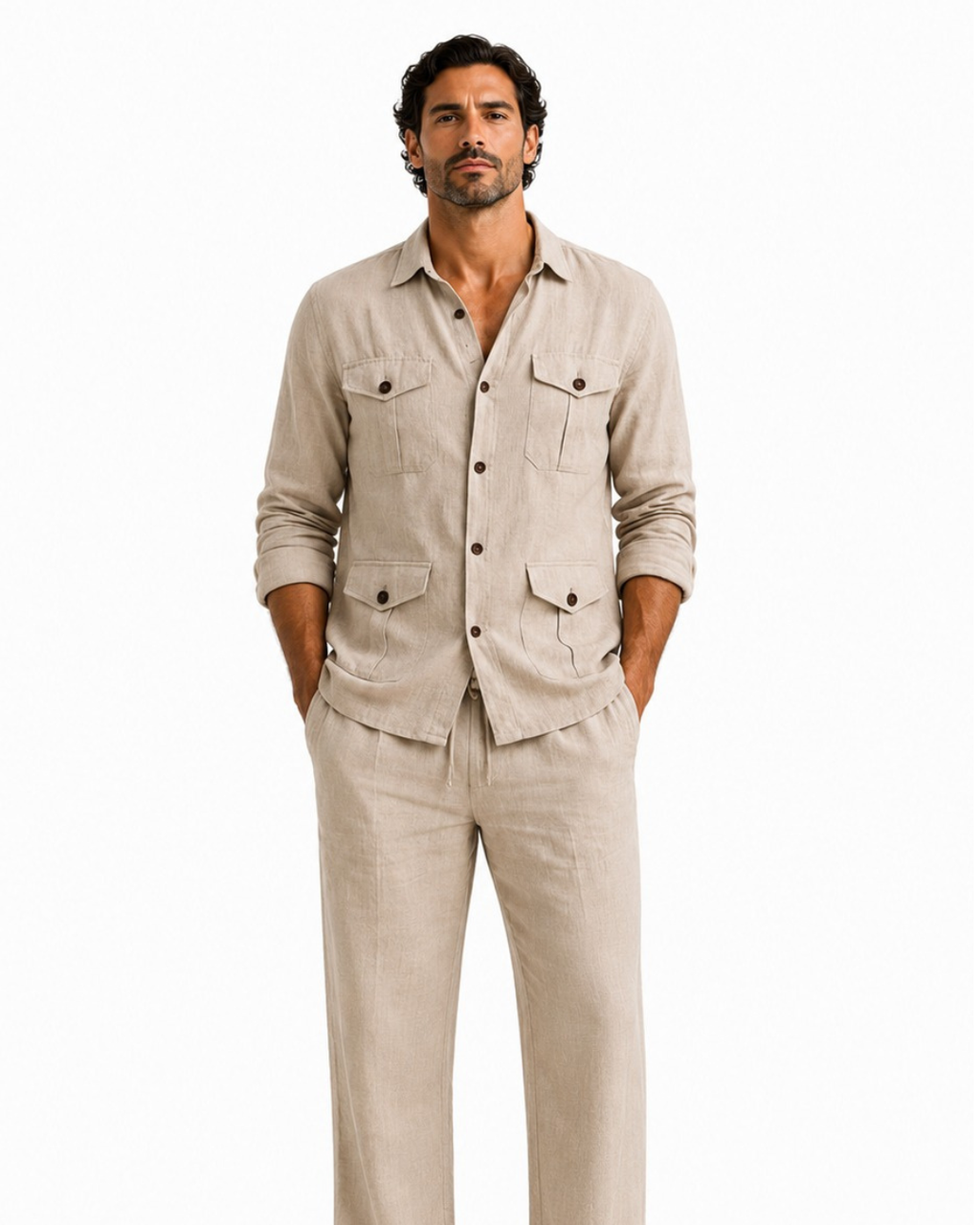 Camisa Safari de Lino - 4 Bolsillos - Beige